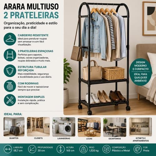 Arara de Roupas Dupla - Armoire  Élégance™ | Closet Aberto - Organizador Roupas Sapatos para Quartos