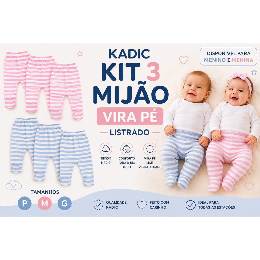 Kit com 3 Mijões Vira Pé Listrado Kadic para Bebê Menino e Menina