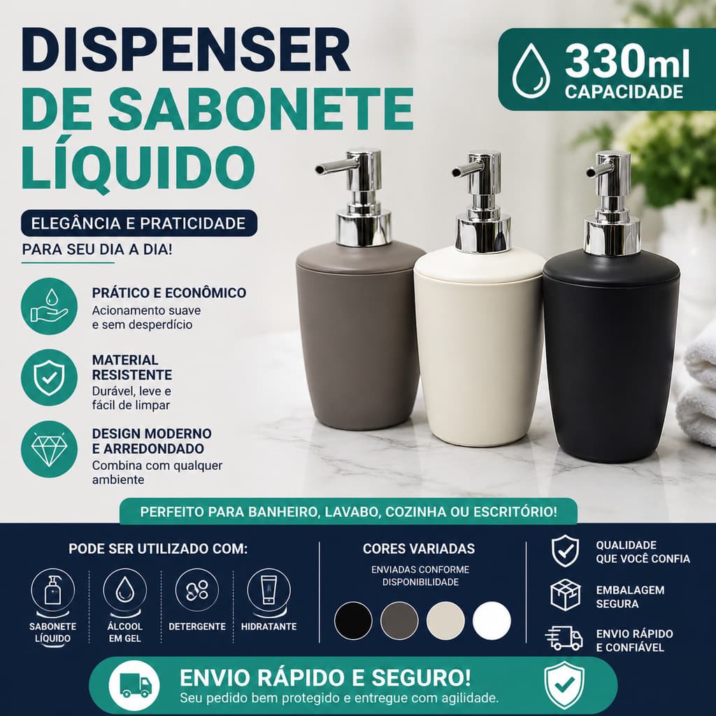 Porta Sabonete Líquido 330ml Dispenser para Banheiro Lavabo Cozinha Elegante e Resistente