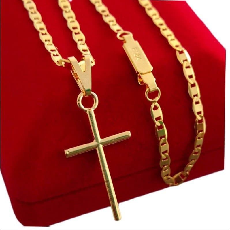 Cordão Corrente Fina Piastrini Masculina 60cm Banhada A Ouro 18k + Pingente Cruz Palito