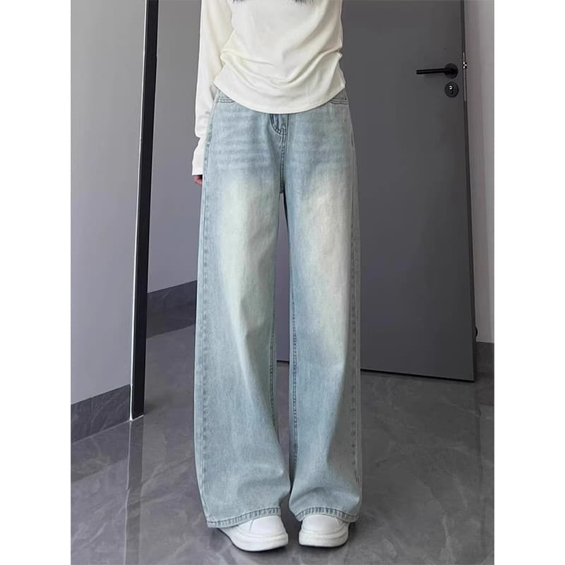 Cor clara calças de brim retas femininas primavera novo estilo tamanho grande gordura mm solto mais magro olhar Drape fo