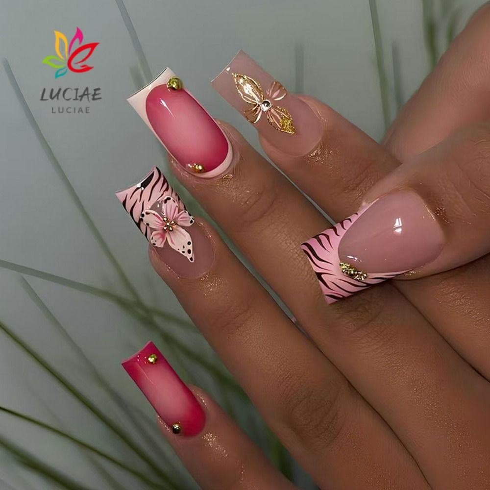 LUCIAE 24 Unidades De Unhas Postiças , Falsas Francesas Brilhantes , Prensa Destacável De Flores Esculpidas Em