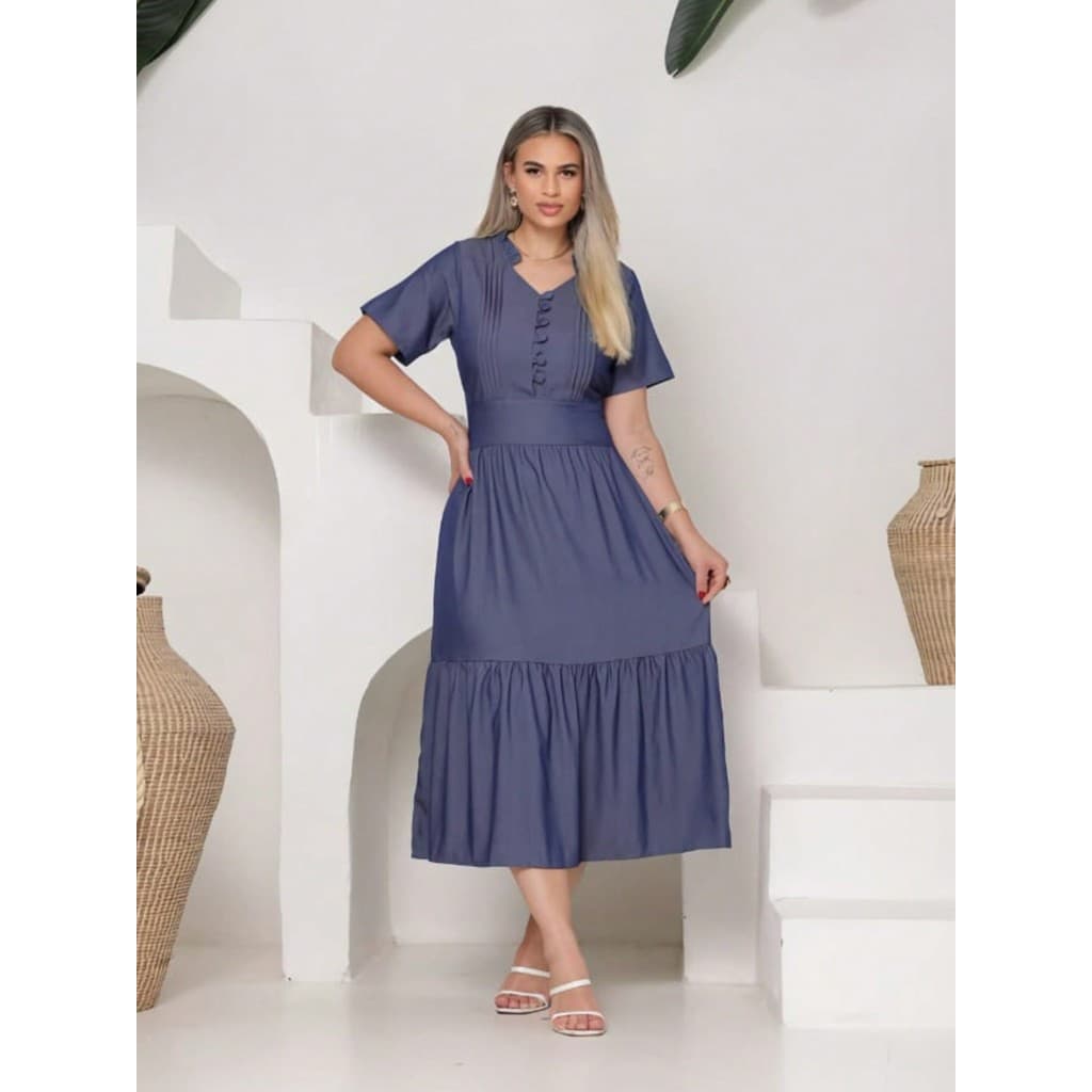 Vestido midi  luxo chambray imitação jeans manga curto com gola e botao 2233