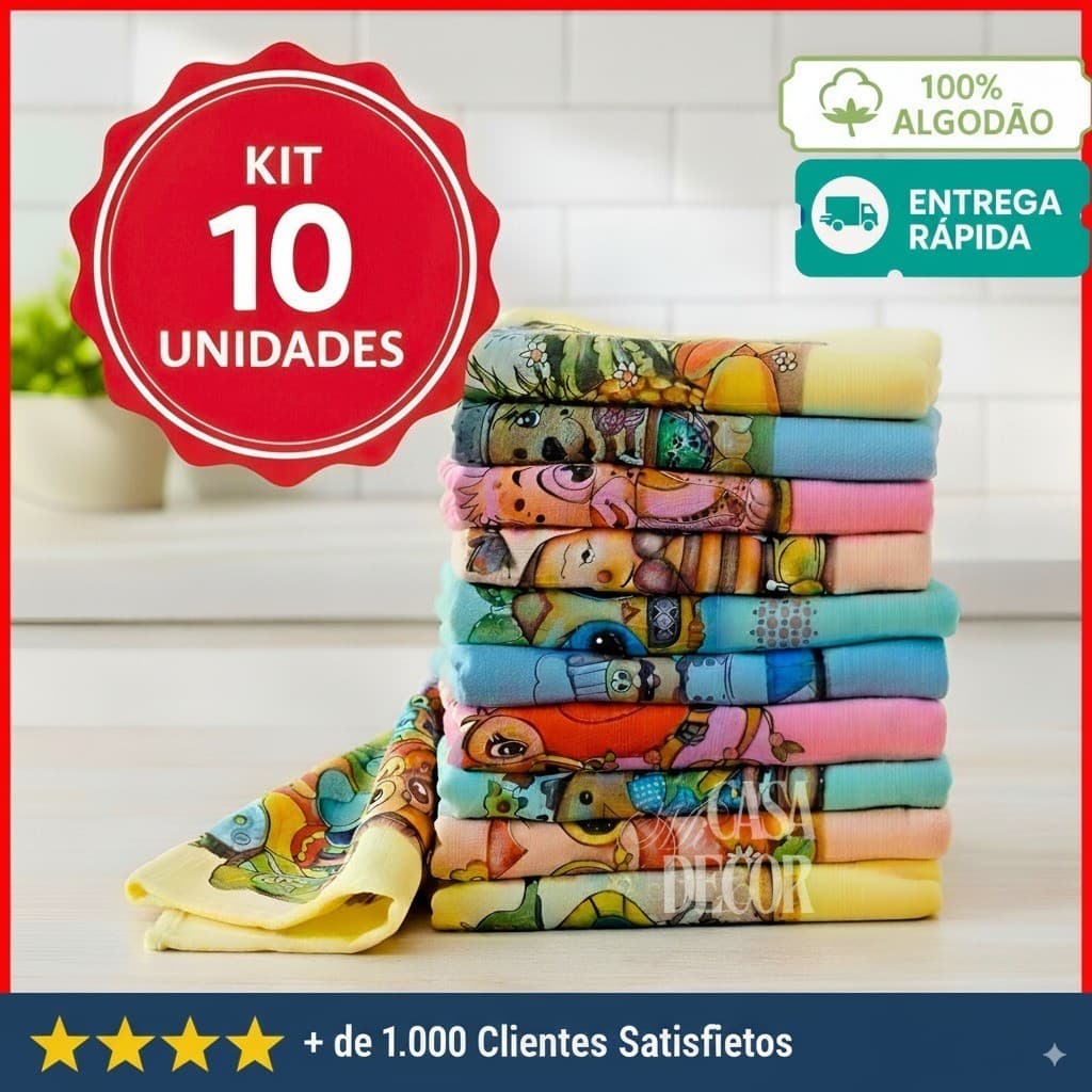 Pano de Prato 100% Algodão Kit com 10 Estampas Sortidas Cozinha