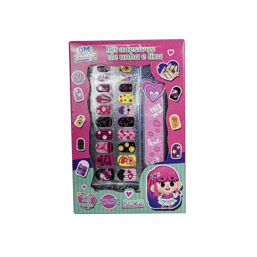 Brinquedo DM Beauty Kit 20 Adesivos De Unha E Lixa Infantil Menina Criança Divertido
