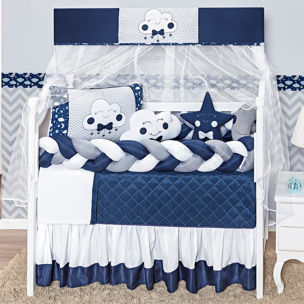 Kit Berço Lua Trança 12 Peças Completo Enxoval Bebê Quarto Infantil Protetor Almofadas Mosquiteiro Conforto