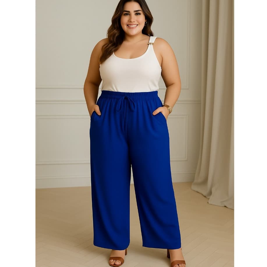 Calça Feminina Pantalona Plus Size Cintura Alta com Elástico e Bolsos