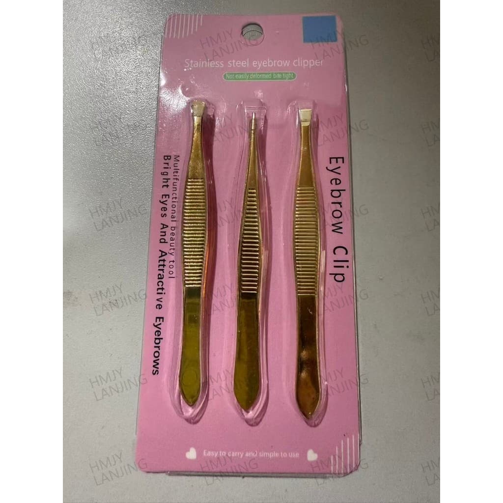 Kit 3 Pinça de Sobrancelha 9cm Pinça de Ângulo Plano, Disponível em Dourado e Titânio