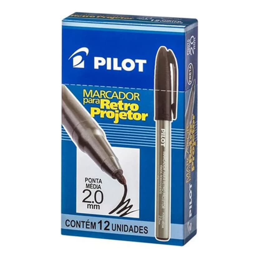 Kit Caneta Retroprojetor Pilot Preta 2.0mm Caixa 12 Unidades Original