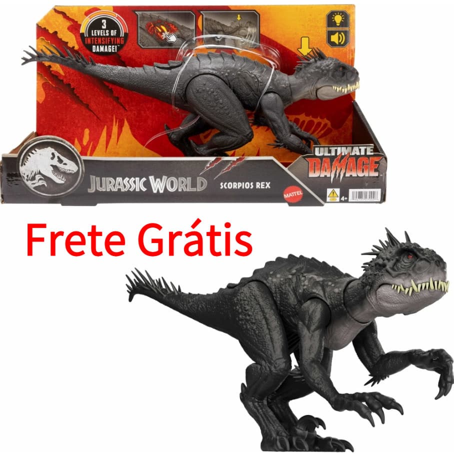 Figura de Brinquedo Dinossauro Rex Escorpiões com Danos do Jurassic World Ultimate Damage, Brinquedo com Luz e Som JCG25