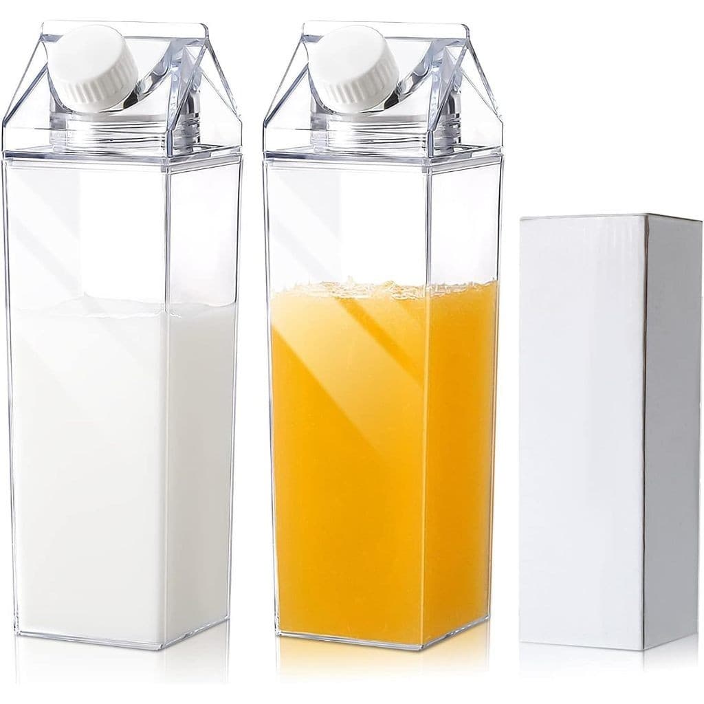 Kit 2 Garrafas Acrílico com Adesivo 1 Litro Caixa Leite Água Suco Geladeira