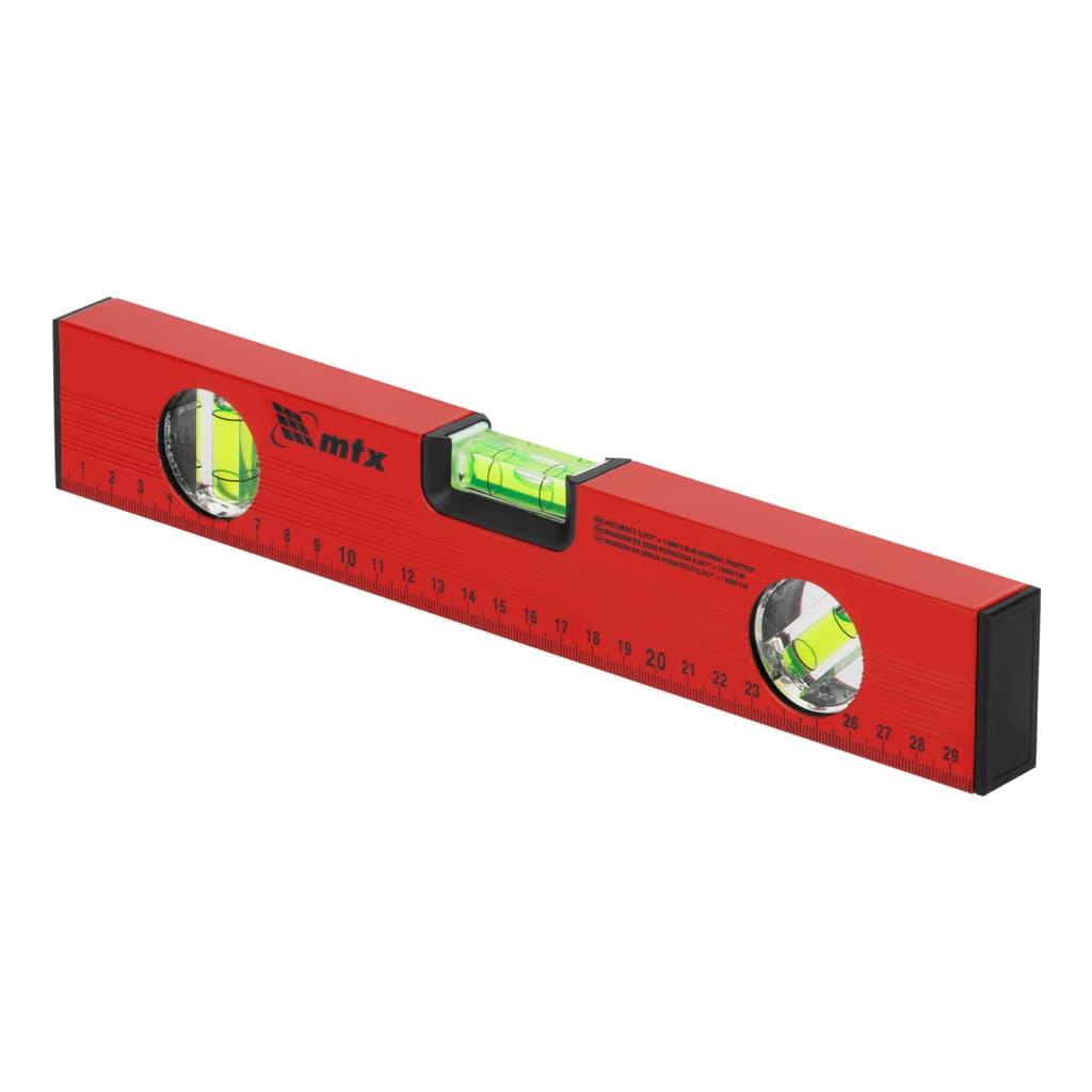 NIVEL DE ALUMINIO, COM REGUA, VERMELHO, 3 BOLHAS, 12POL., 300MM, 1PC // MTX