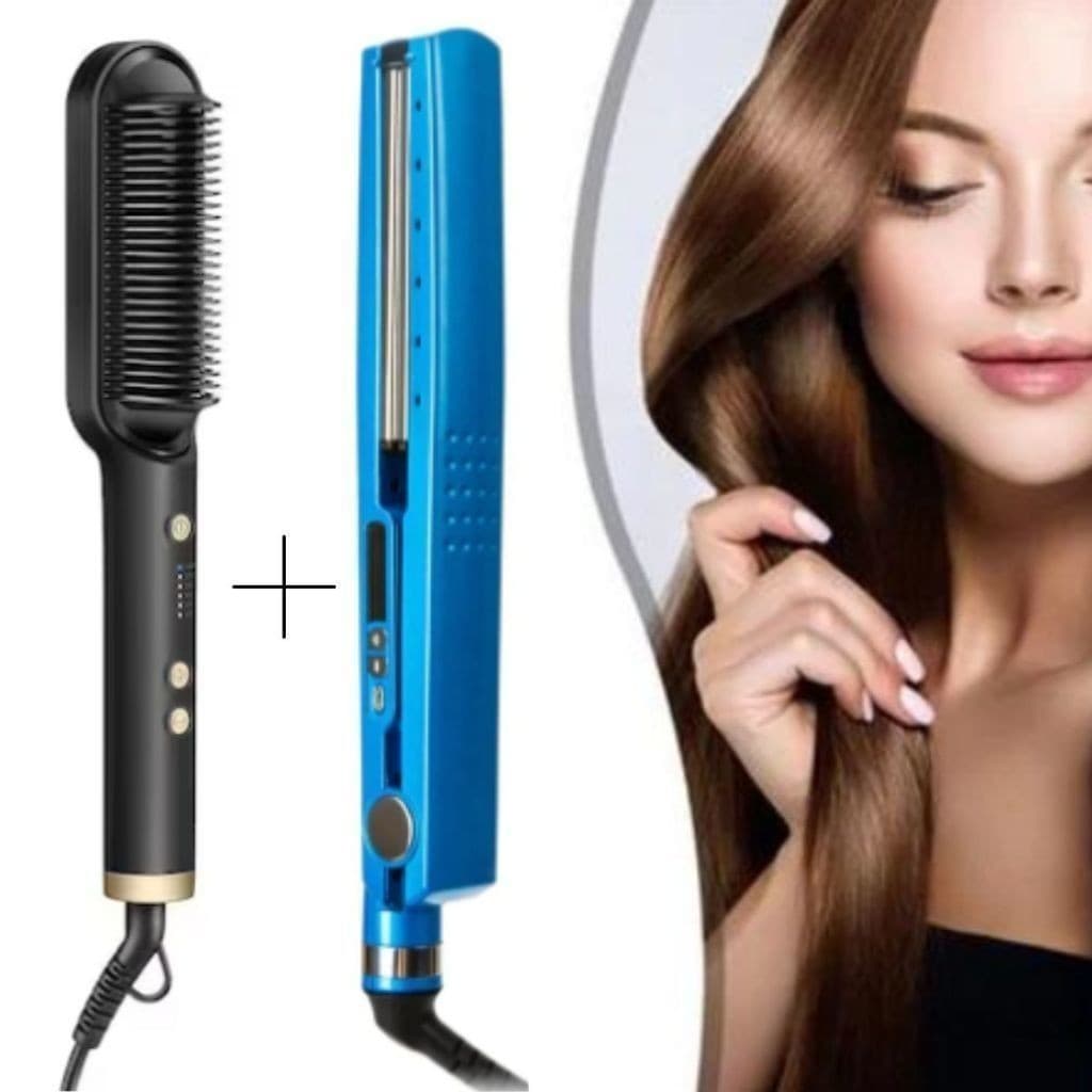 Escova Kit Alisadora Bivolt 5 em 1 + Chapinha de Cabelo Nano Titanium 450°