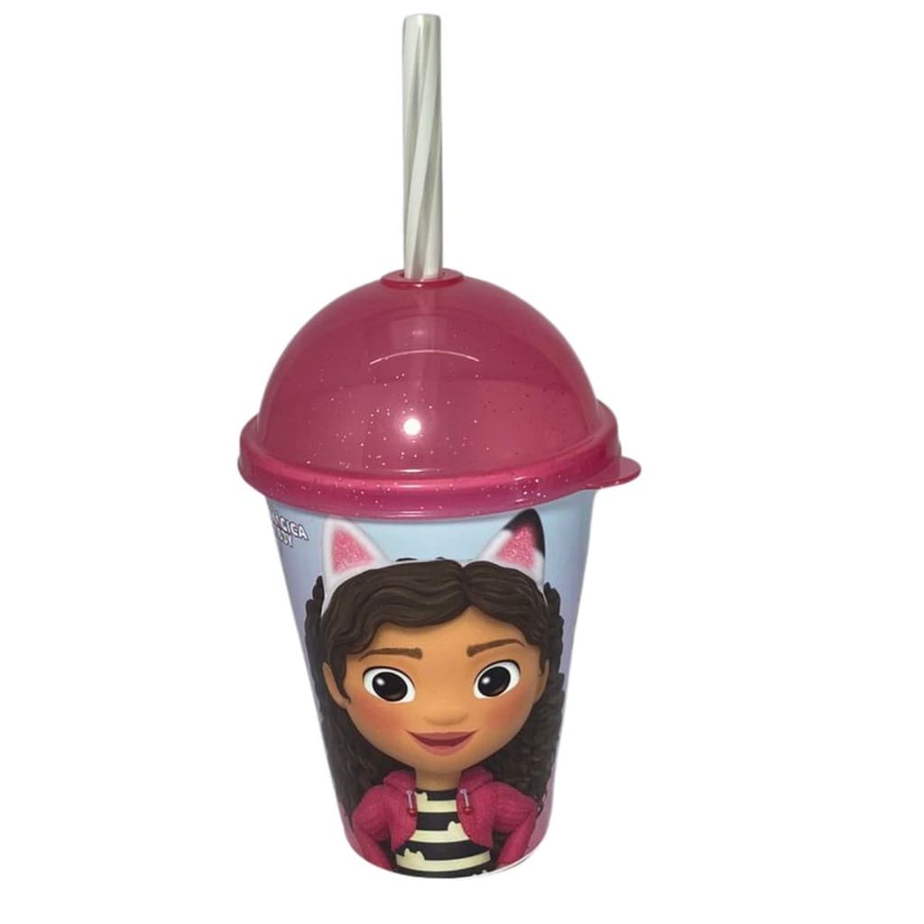 COPO SHAKE CASA MAGICA DA GABBY C/CANUDO TAMPA ROSA 280ML REFRI SUCO CRIANÇA FESTA