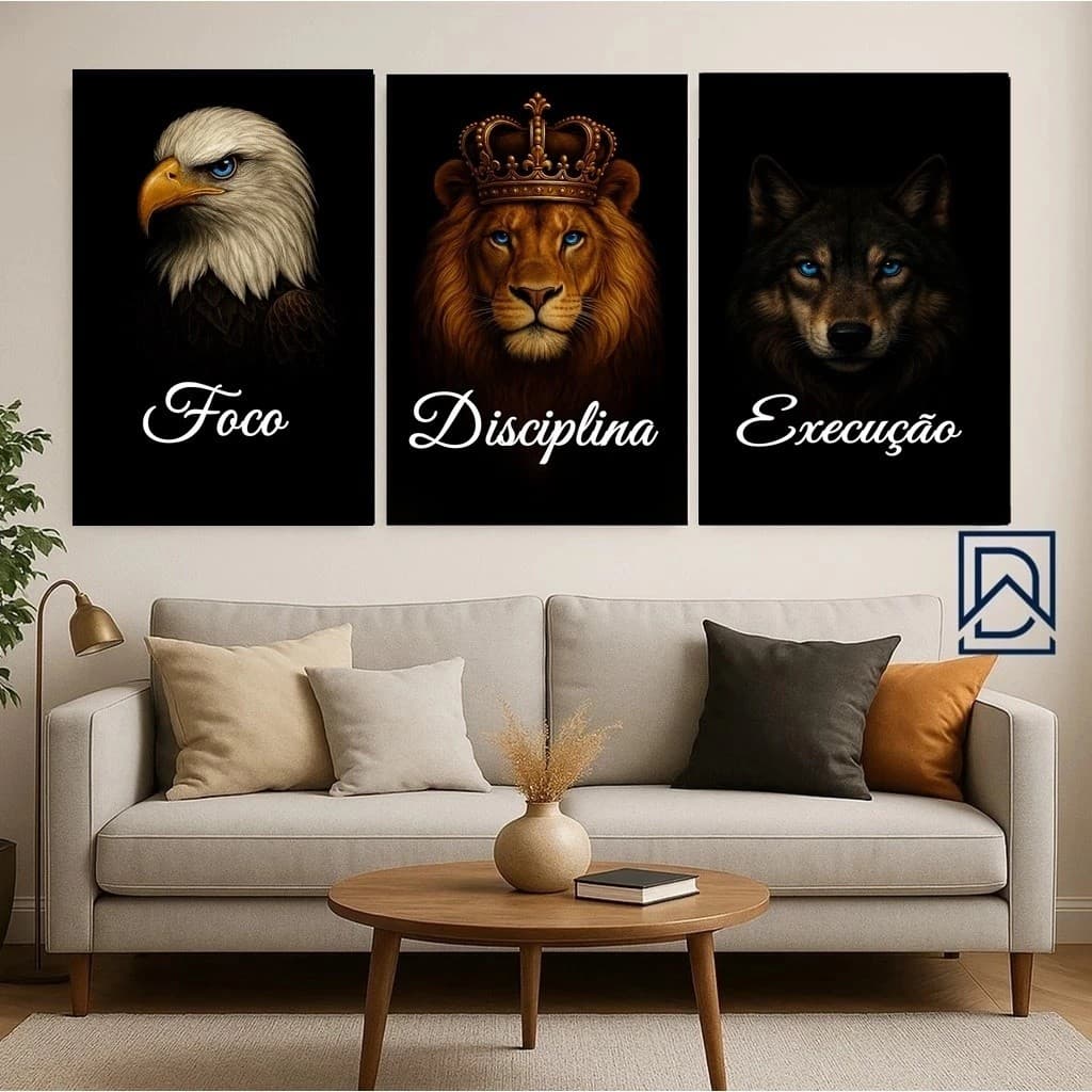 Kit 3 Quadros Decorativos Leão Motivacional Foco Disciplina Execução para Sala Quarto Escritório Arte Moderna em Parede