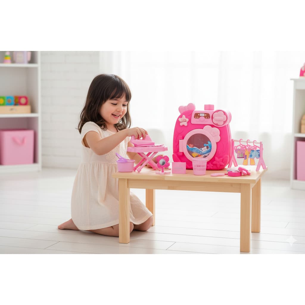 Brinquedo Lavanderia Infantil Máquina De Lavar Bate De Verdade Com Acessórios - Rosa