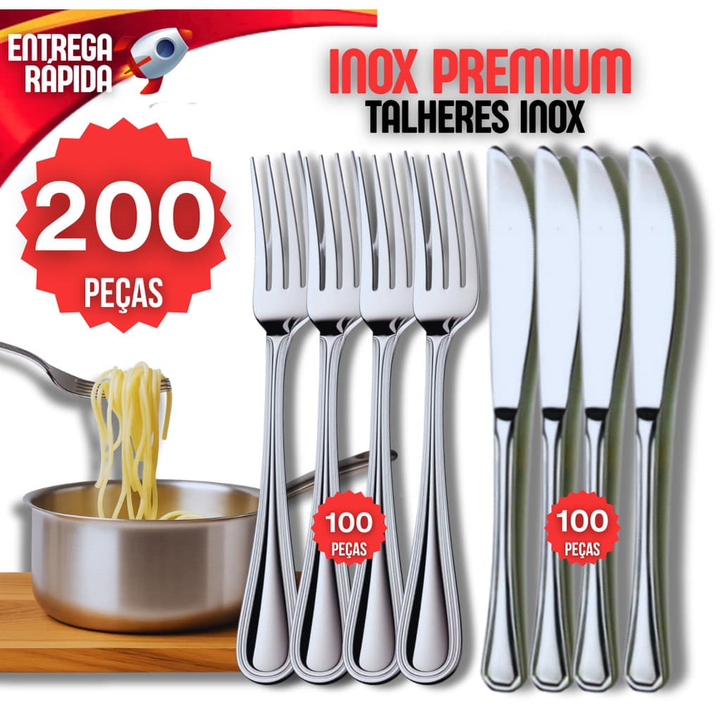 Kit 200 Garfo e Faca Talheres 100% Aço Inox 100 Garfo e 100 Faca Premium  Restaurante Lanchonete Qualidade Casa Buffet