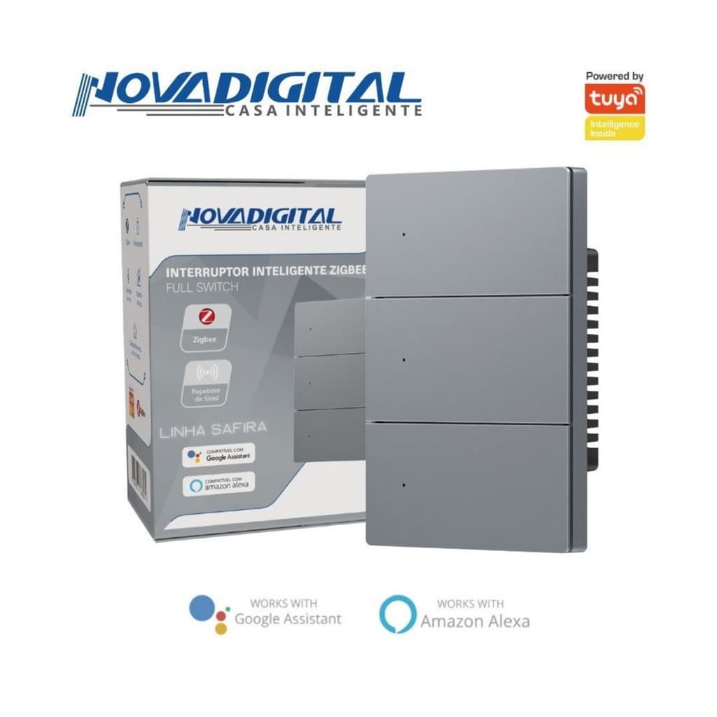 Interruptor Inteligente 3 Botões Físico Zigbee Safira Nova Digital Full Switch Cinza - 4x2