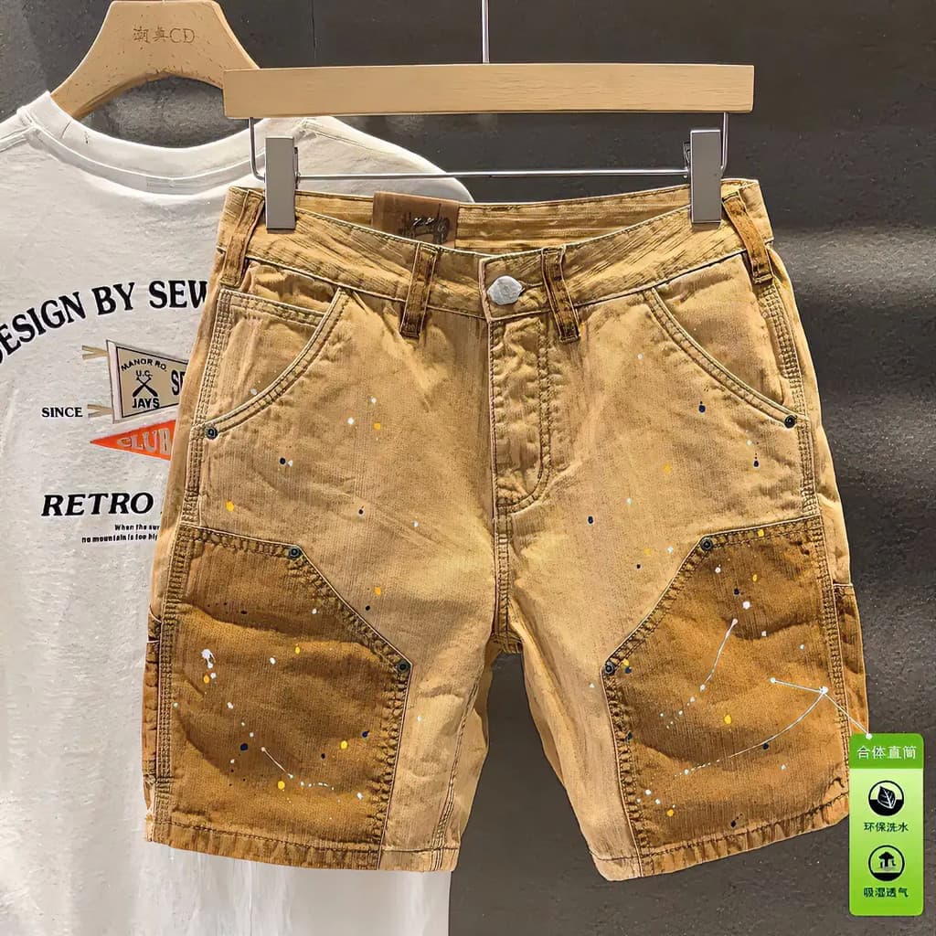 Moda costura Casual Shorts masculino solto All-Match em linha reta rufião bonito salpicos tinta High-End único meio-