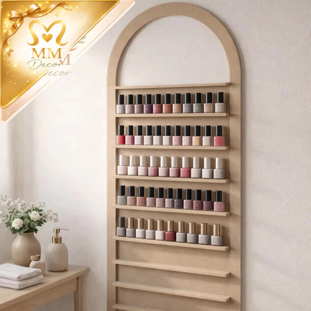 Expositor Porta Esmaltes MDF com Arco Prateleiras para Espaço Manicure