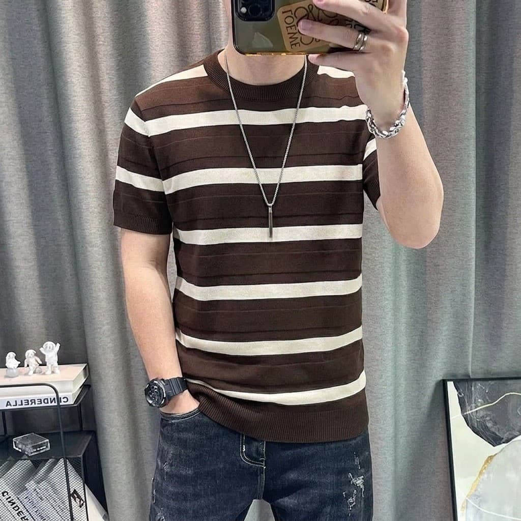 2026 novo estilo verão novo estilo fino-ajuste camisola topo em torno do pescoço camiseta masculina Casual Retro cor com