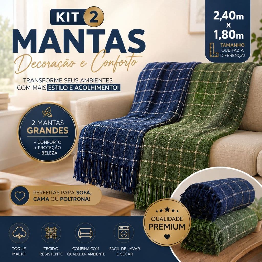 kit 2 Mantas Grande 2,40 x 1,80m para Sofá e Cama de Casal  – Decoração e Conforto