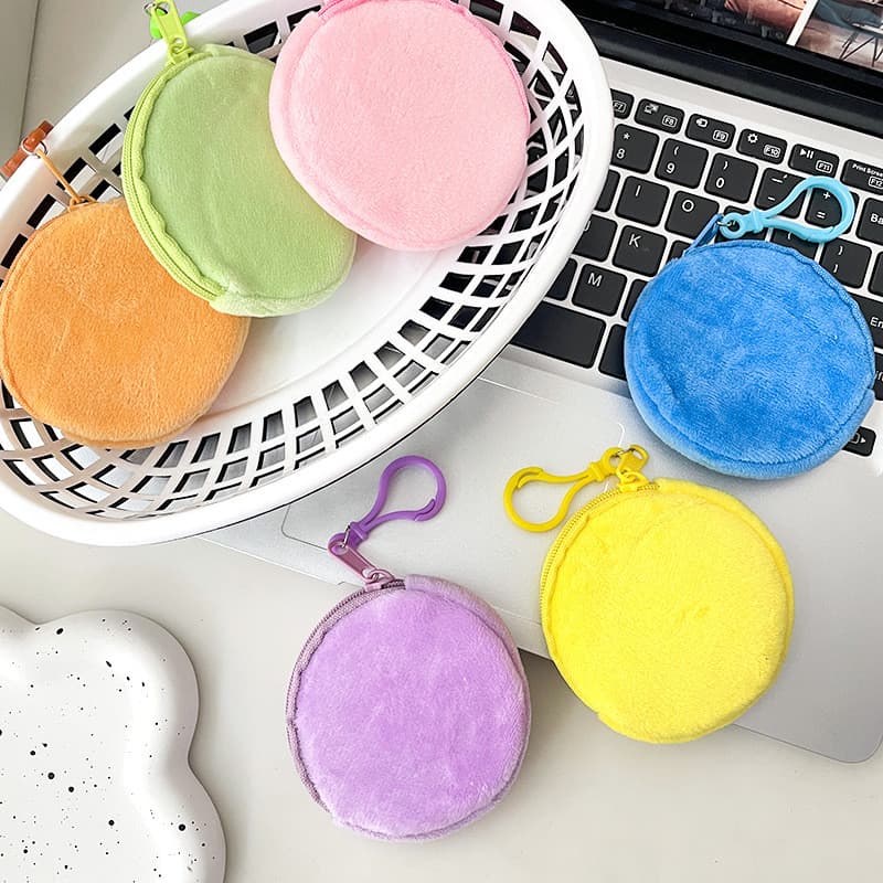 Doce cor de pelúcia redonda moeda bolsa senhoras bonito carteira titular do cartão de identificação chaveiro simples sac