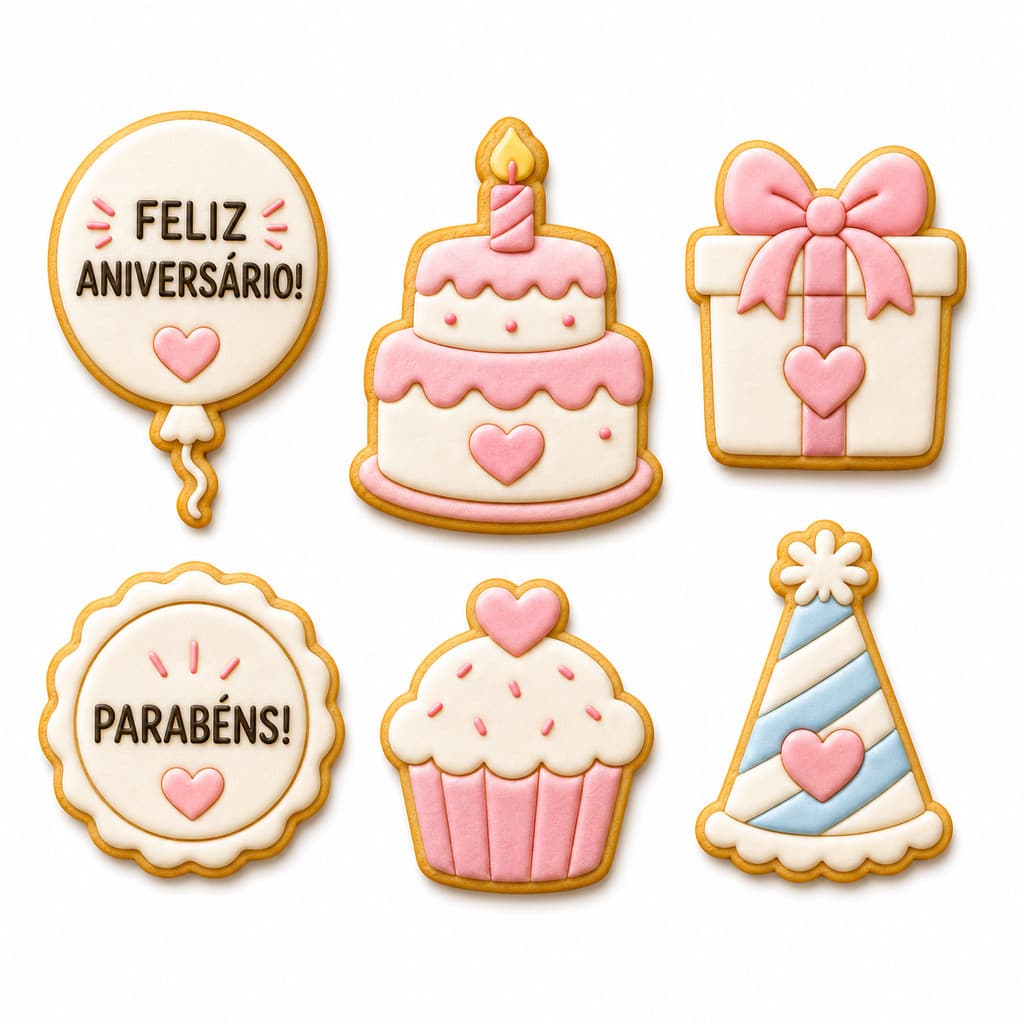 Kit 06 Cortadores de Biscoitos Cookie Tema Aniversário Festa