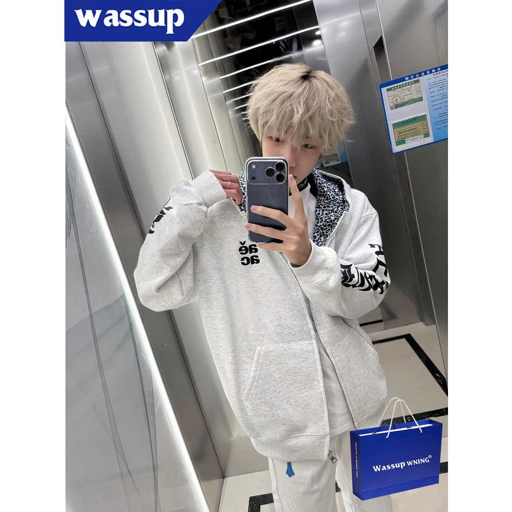 WASSUP Americano Retro Carta Bordado Leopardo Impressão Com Capuz Cardigan Jaqueta Homens Mulheres Outono Inverno Nacion