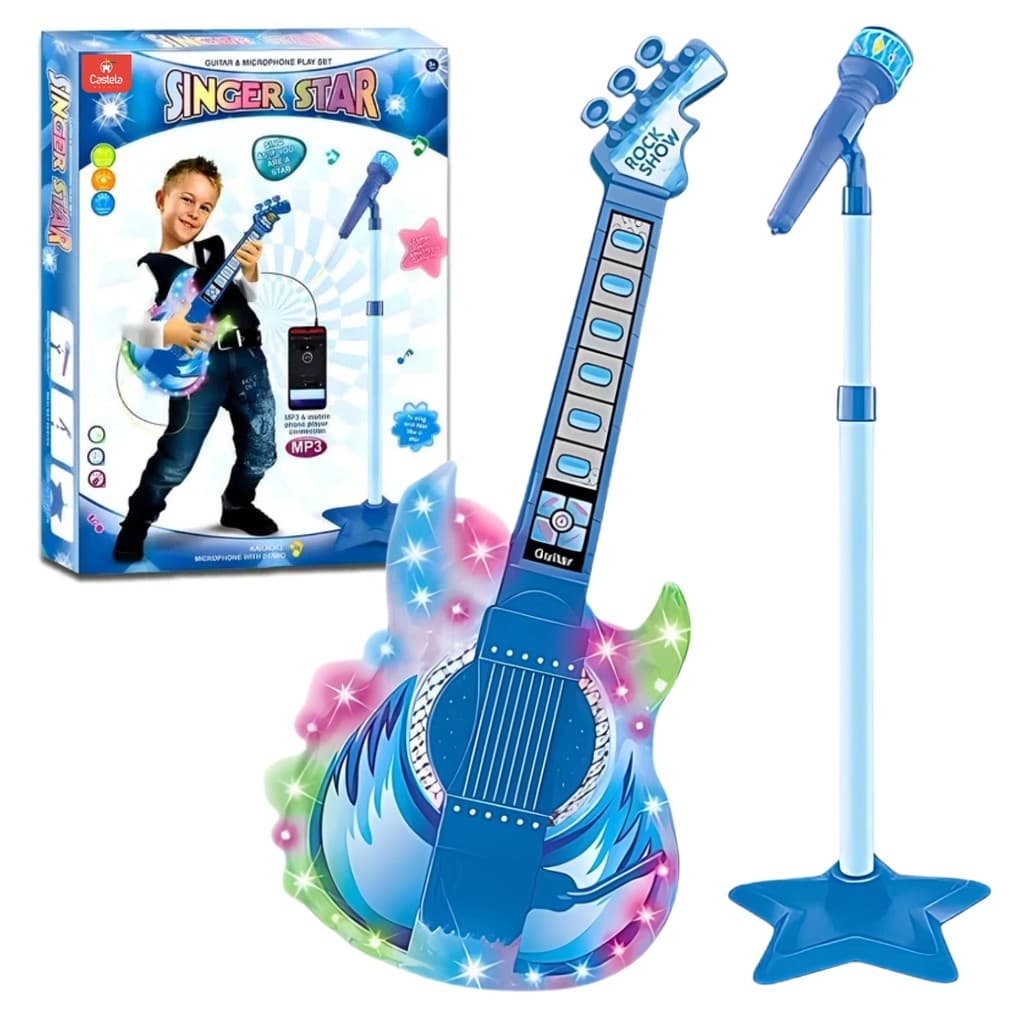 Guitarra Musical infantil Azul Com Microfone Singer Star Castela