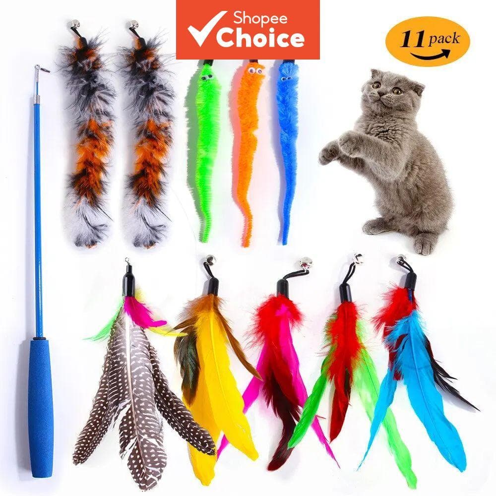 Varinha de brinquedo para gatos com pluma de pelúcia, cabeça de substituição, haste retrátil, brinquedo para gatos