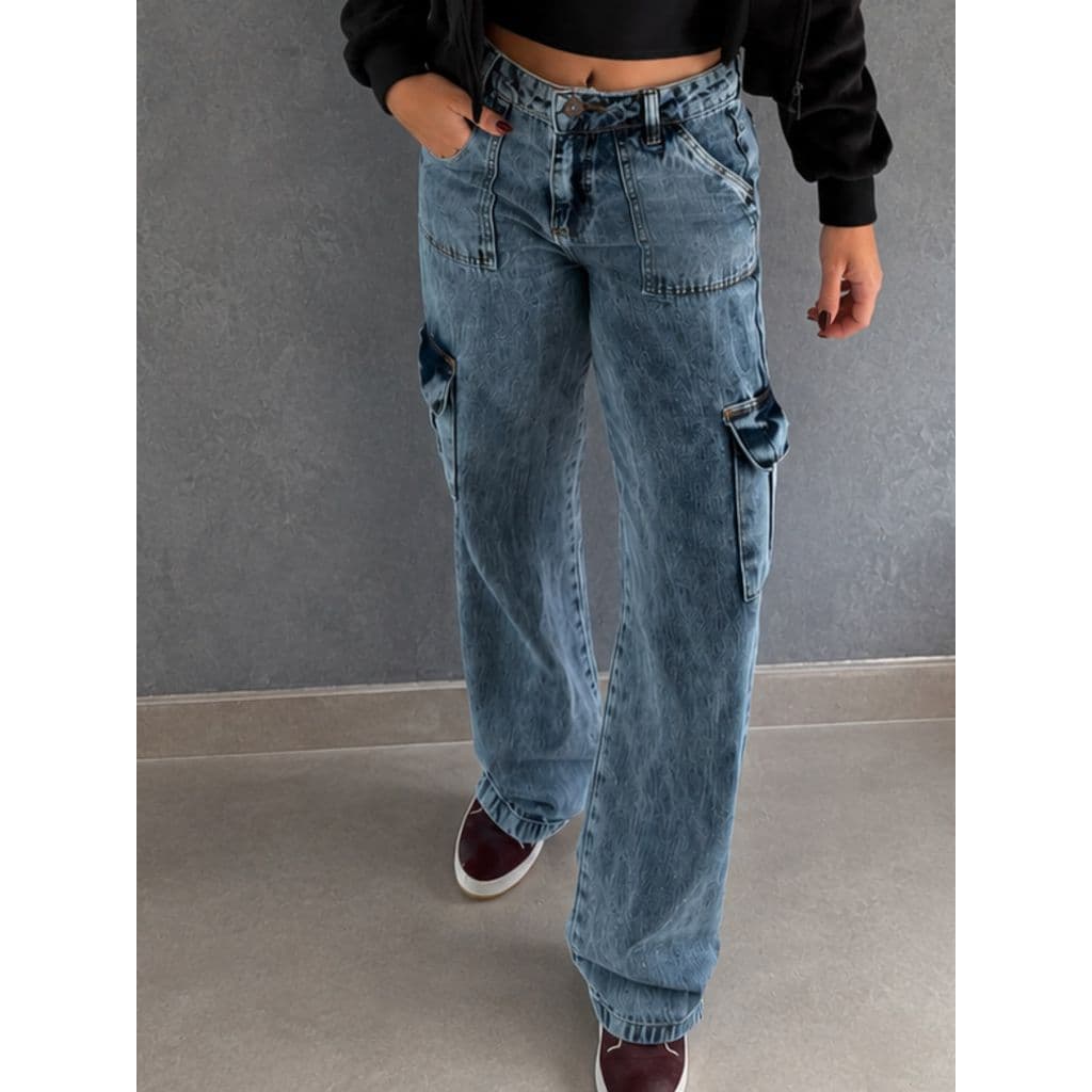 Calça Jeans Cargo Wide Leg Feminina Bolsos Laterais Casual feminina com lycra calça jeans cintura alta calça wed leg