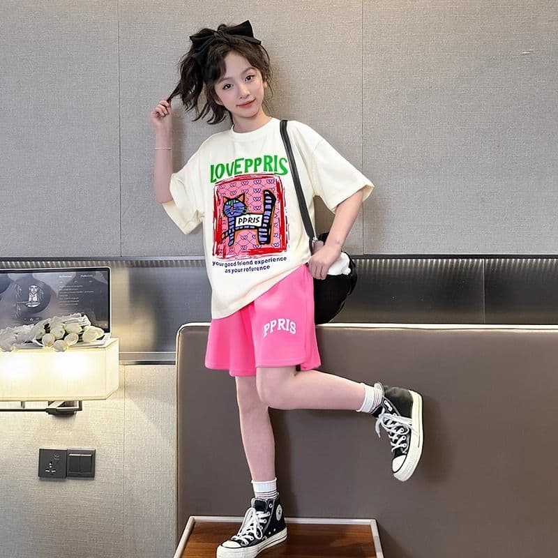 Meninas terno de verão 2026 novo estilo crianças impresso algodão puro Shorts de manga curta esportes casuais terno de d