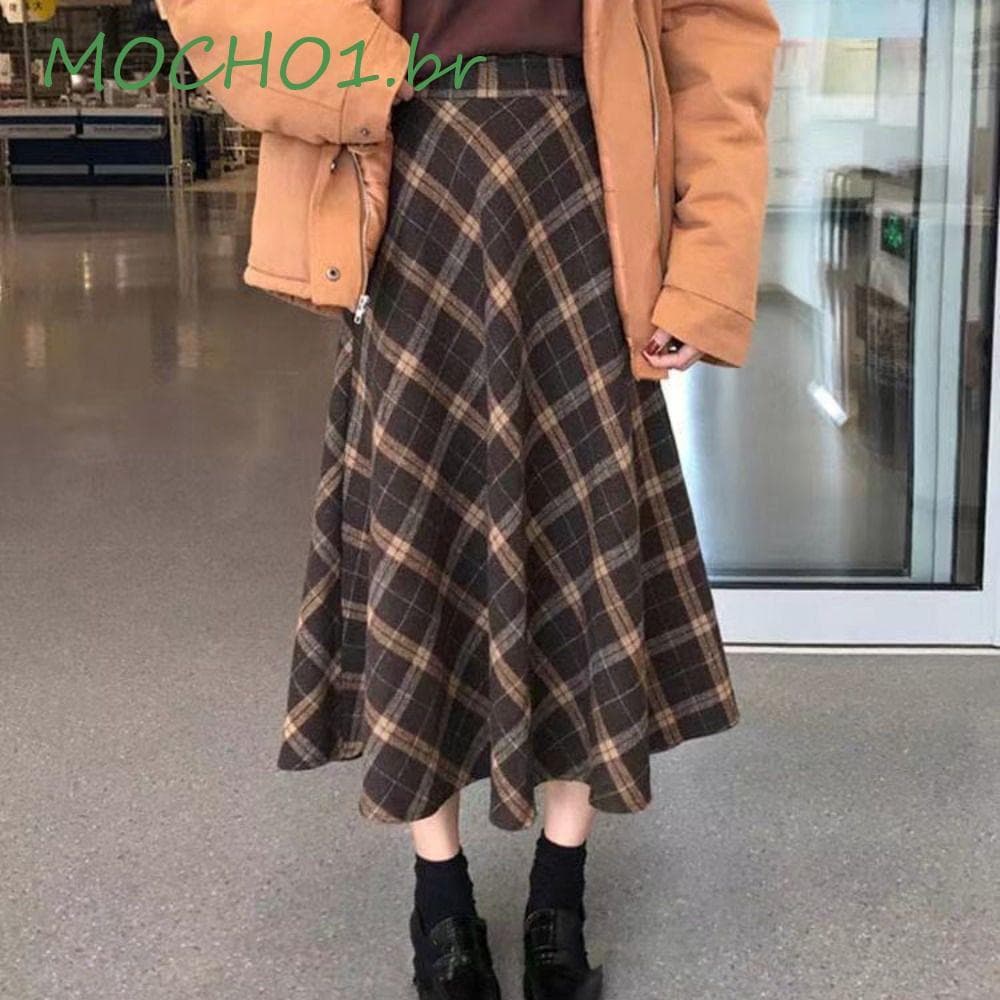 MOCHO1 Saia Xadrez Retrô , Longa Clássica De Cintura Alta , Corte Justo Estilo Formal Meio Vestido Evasê