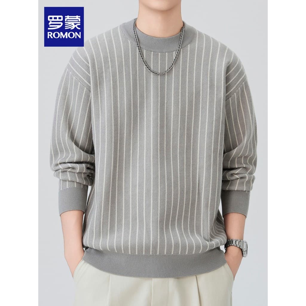 Lomon Suéter Masculino Com Gola Redonda 2026 Primavera Novo Estilo Listrado Fundo De Lã Top Casual Malhas Masculinas Na