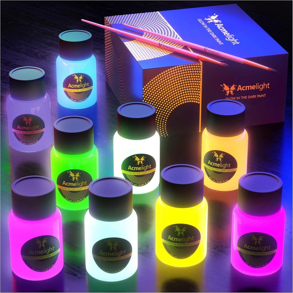 Conjunto de Tintas Acrílicas que Brilham no Escuro Acmelight - 9 Cores Neon Fluorescentes para Tela, Madeira e Pedra - R