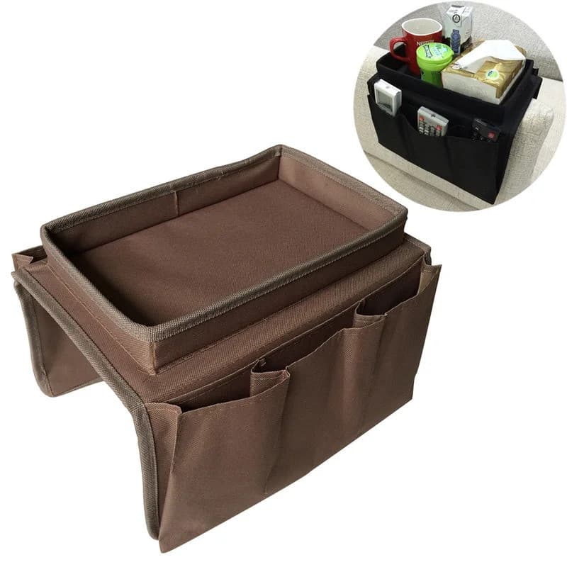Organizador de Braço de Sofá com 4 Bolsos e Bandeja Porta-Copos, Bolsa de Armazenamento Suspensa para Revistas e Bebidas
