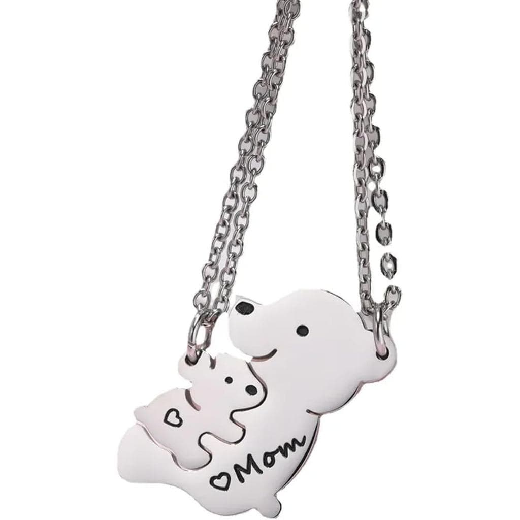 Conjunto de Colar "Abraço de Urso" em Aço Inoxidável, Pingente Gravado "Mãe", Corrente de 50cm, Design de Quebra-Cabeça