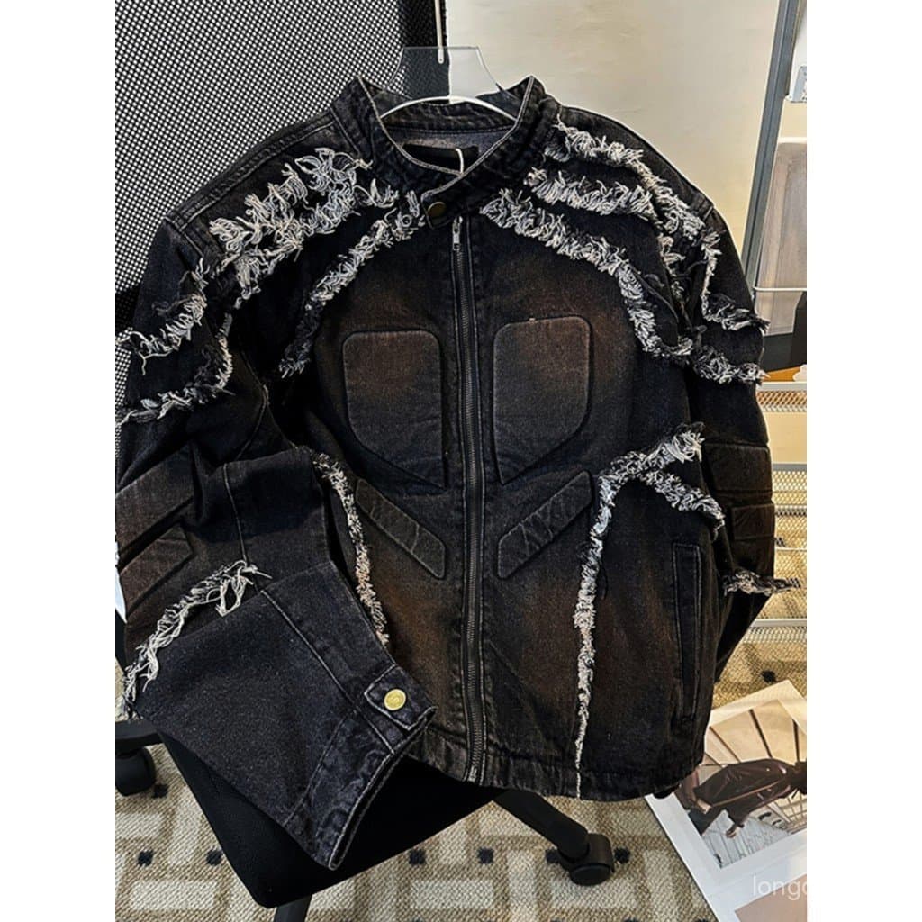 Em relevo desgastado ombreiras Denim jaqueta masculina primavera outono Retro estilo americano rufião bonito topo rua We