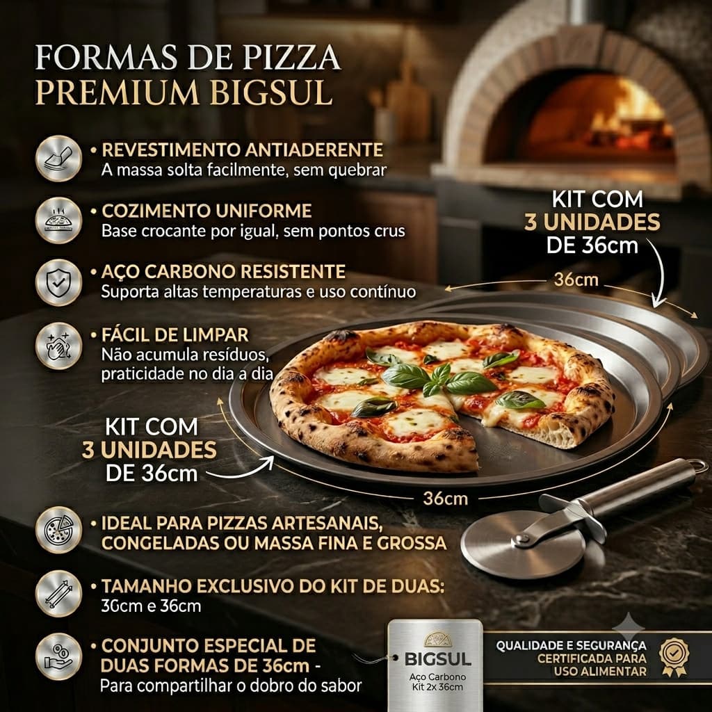 KIT Forma de Pizza grande Antiaderente Aço Carbono Bigsul 30cm e 36cm