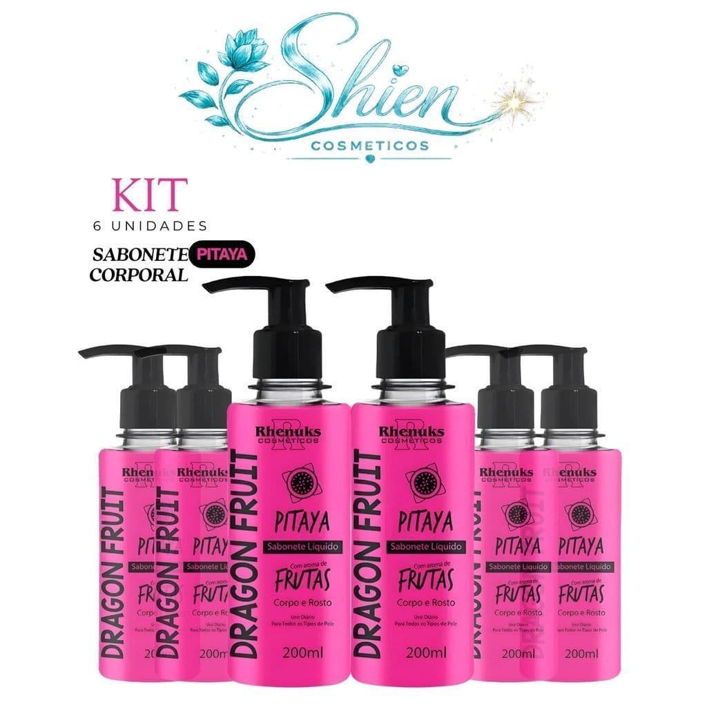 Kit 06 Sabonete Liquido Frutas Corpo e Rosto Pitaya 200ml Rhenuks (Afilhado)