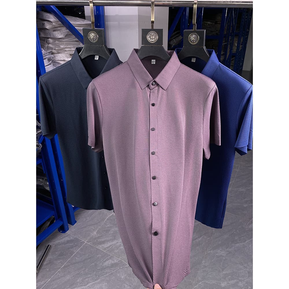 Tamanho esquerdo 52 ~ sem costura negócios Casual camisa de manga curta masculina estiramento lapela camisa polo pai cam