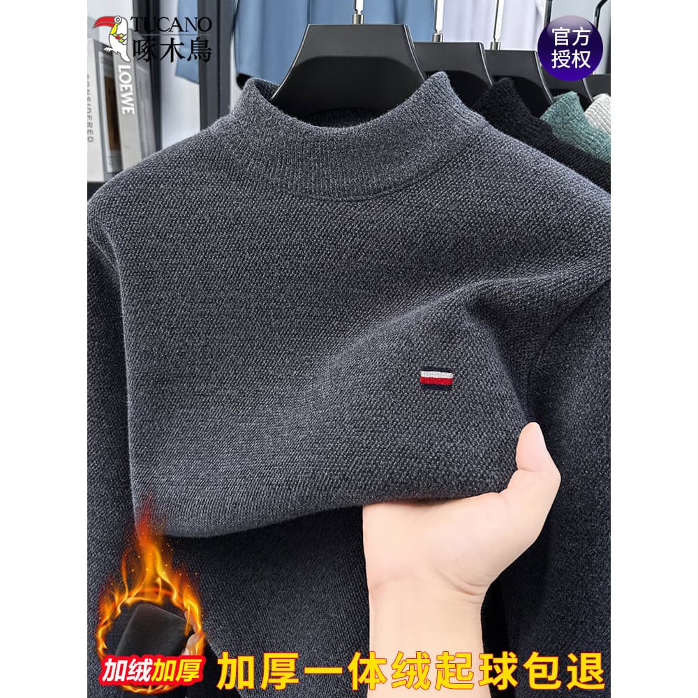 Suéter de inverno pica-pau masculino de lã meia gola alta engrossado furão quente lã K