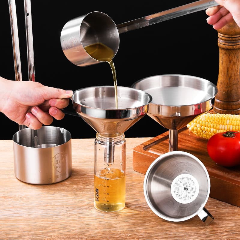 Funil grande pequeno calibre derramando óleo cozinha doméstica 304 filtro de aço inoxidável malha vinho levantamento col
