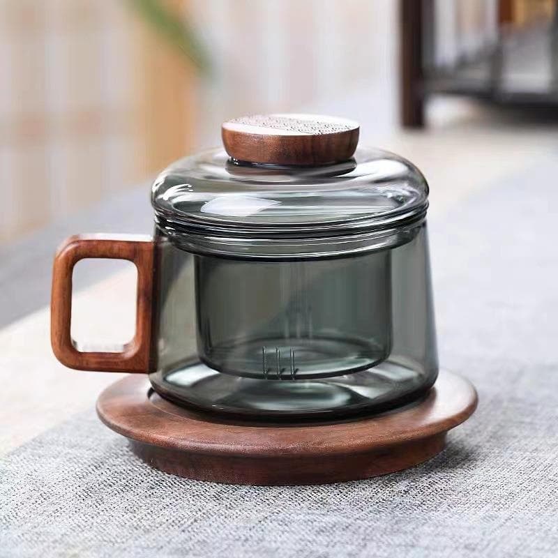 Xícara de chá de vidro de borosilicato alto copo de três peças fumaça cinza cais xícara de chá com filtro alça de madeir