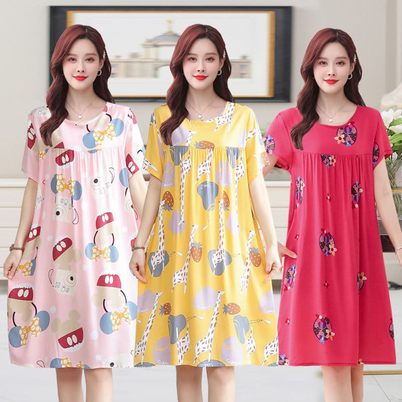 Camisola de seda de algodão feminina verão legal confortável pijamas Rayon vestido de comprimento médio tamanho grande c