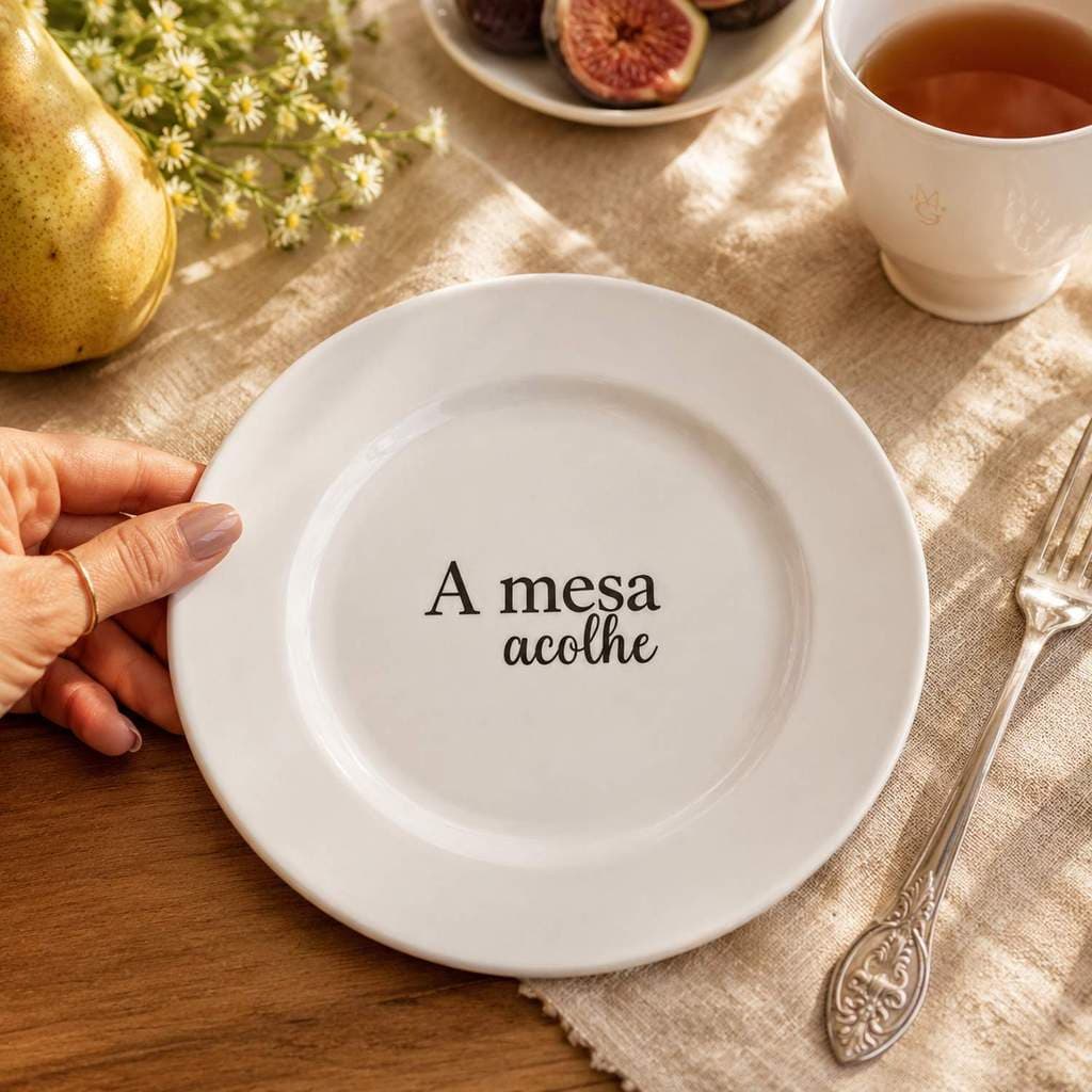 Prato de Sobremesa 19cm com Frase "A Mesa Acolhe"