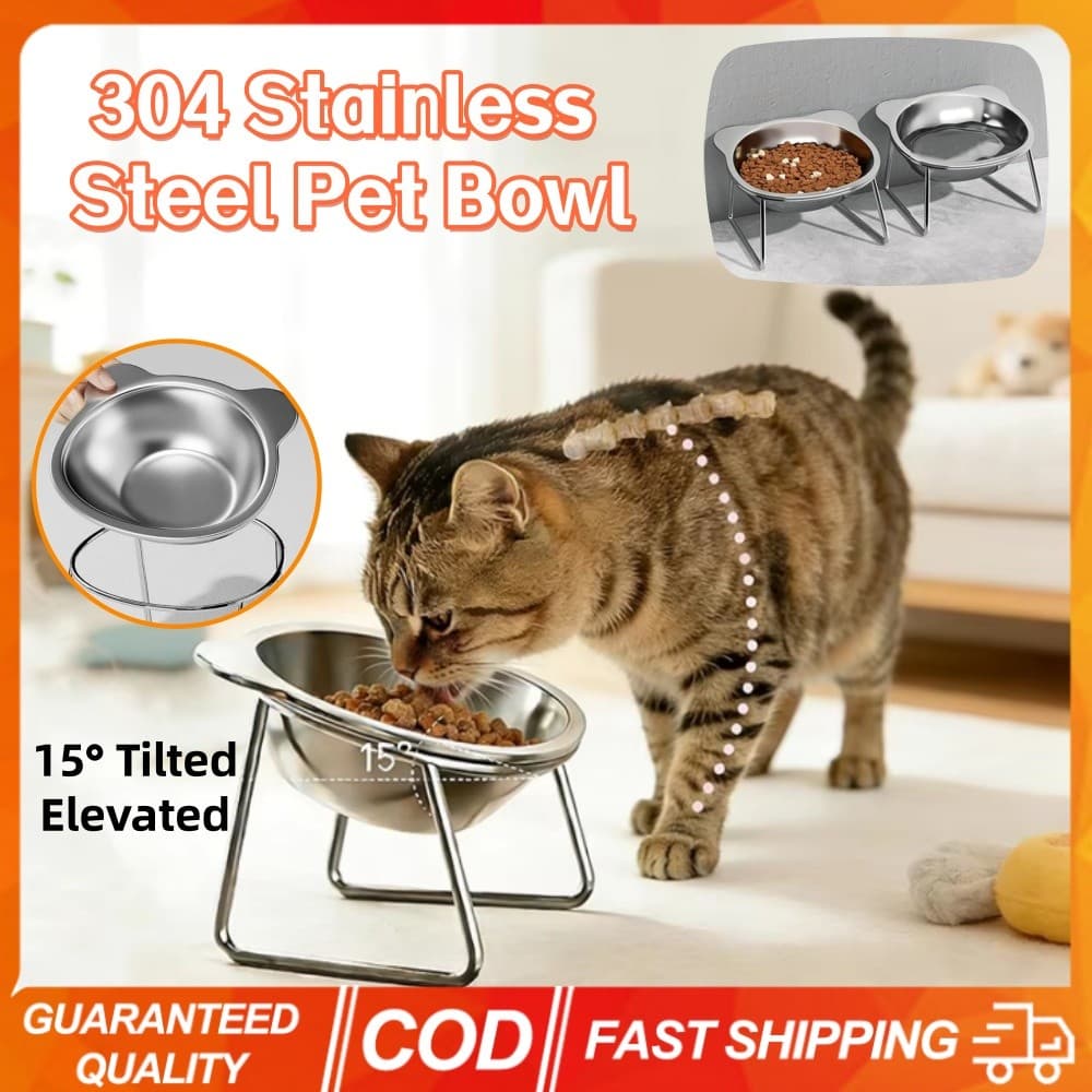 Tigela Elevada Para Animais De Estimação Em Aço Inoxidável 304 15 ° Design Ergonômico Inclinado Antiderrapante Reduz A P