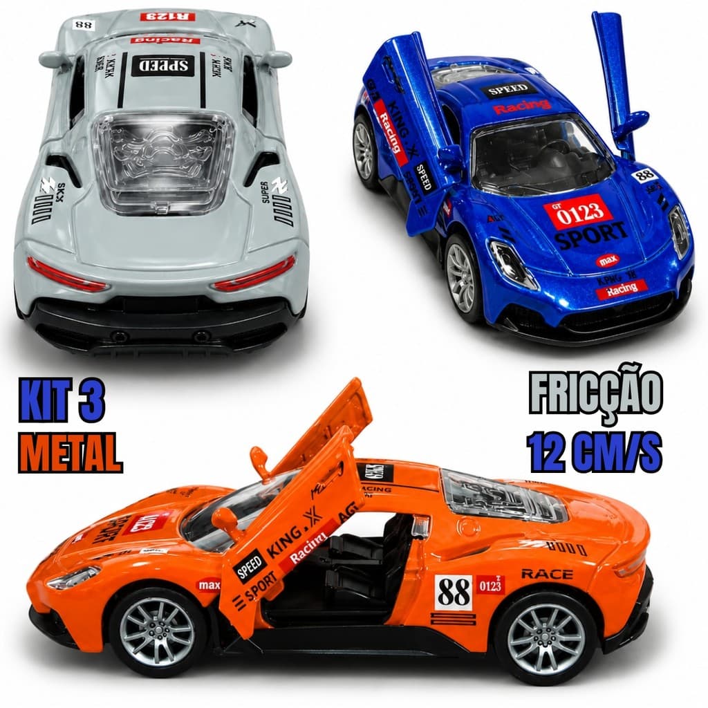 Kit 3 Carrinhos Speed Racer Metal Fricção 12cm Portas que Abrem