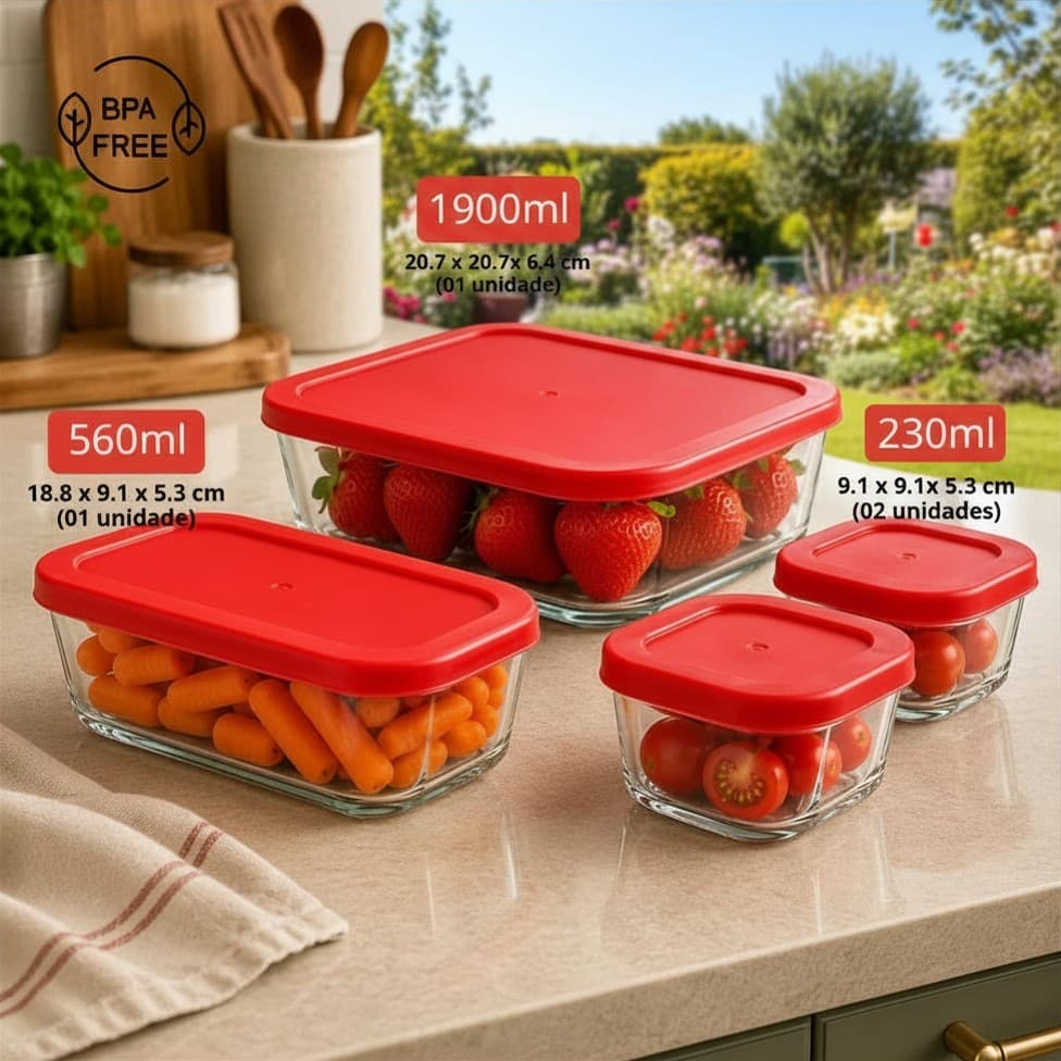 Kit 4 Potes de Vidro com Tampa | Travessa Borossilicato BPA Free | Marmita Geladeira Freezer Forno